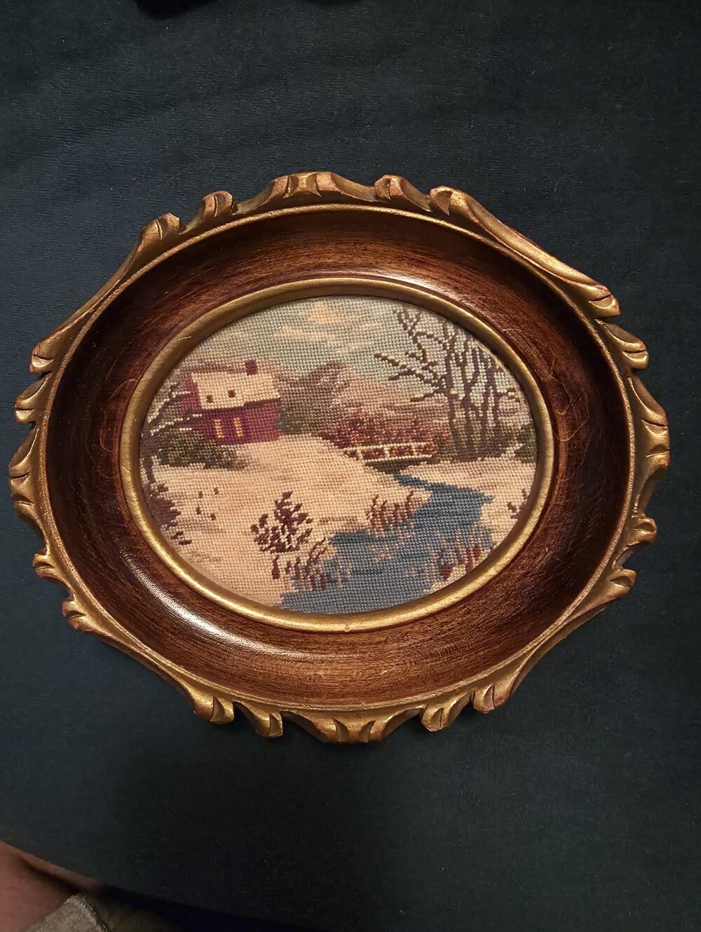 Vintage needlepoint or petit point tapestry depicting a winter landscape
